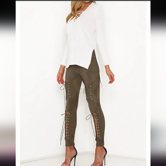 Cotton blend brushed legging pants hidden zipper coset gromet sage green vegan - Picture 3 of 17